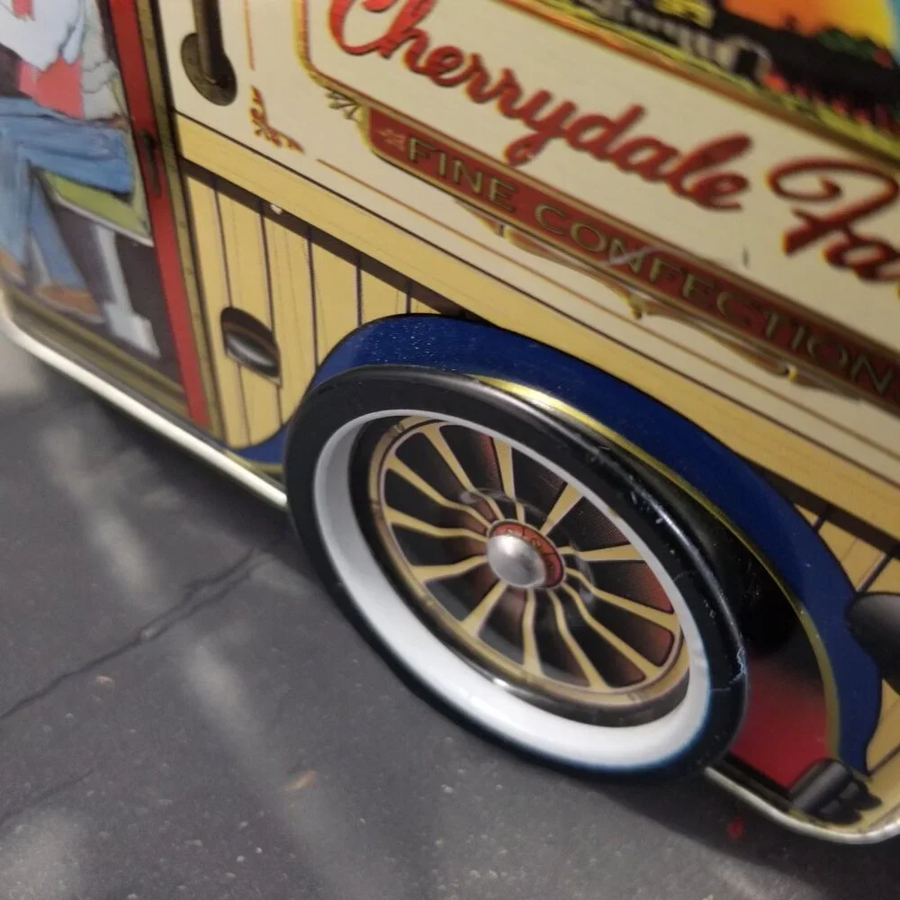 Tin Delivery Truck Coin Bank Vintage Cherrydale Farms w/Spinning Wheels - Picture 7 of 15